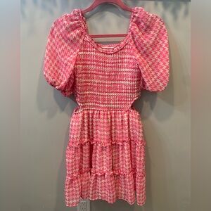 Art Class Dress Girls XL 14 Pink Houndstooth Smocked Bodice Cut Out Chiffon